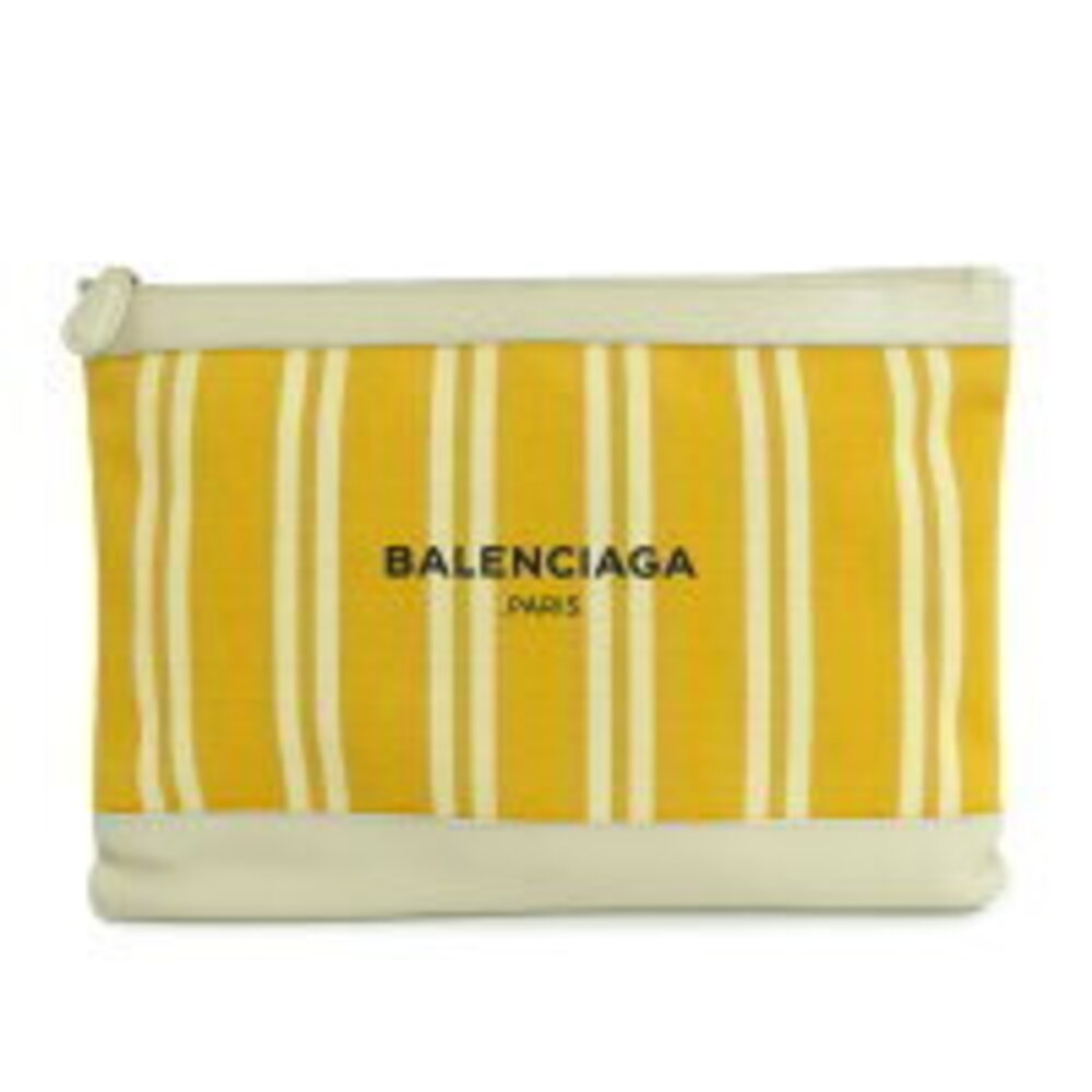 Balenciaga Navy Blue Clip Clutch Bag Yellow Ivory White Leather Canvas Stripe